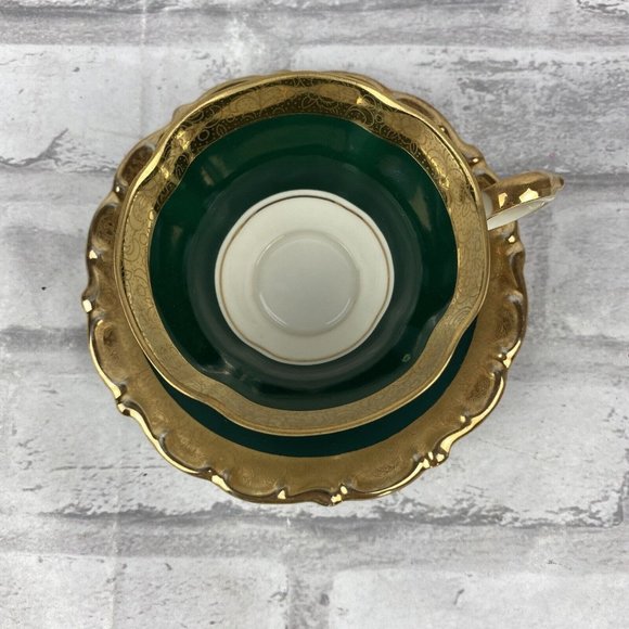 Lindner Kueps Bavaria Green & Gold Gilt Demitasse Cup Saucer Vintage - Picture 2 of 6